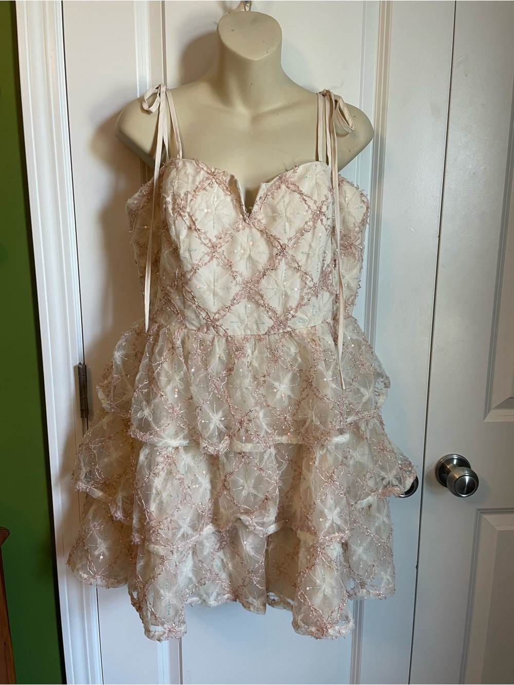 Just Me Garden Secret Tiered Mini Dress Large Sequin Blush Pink